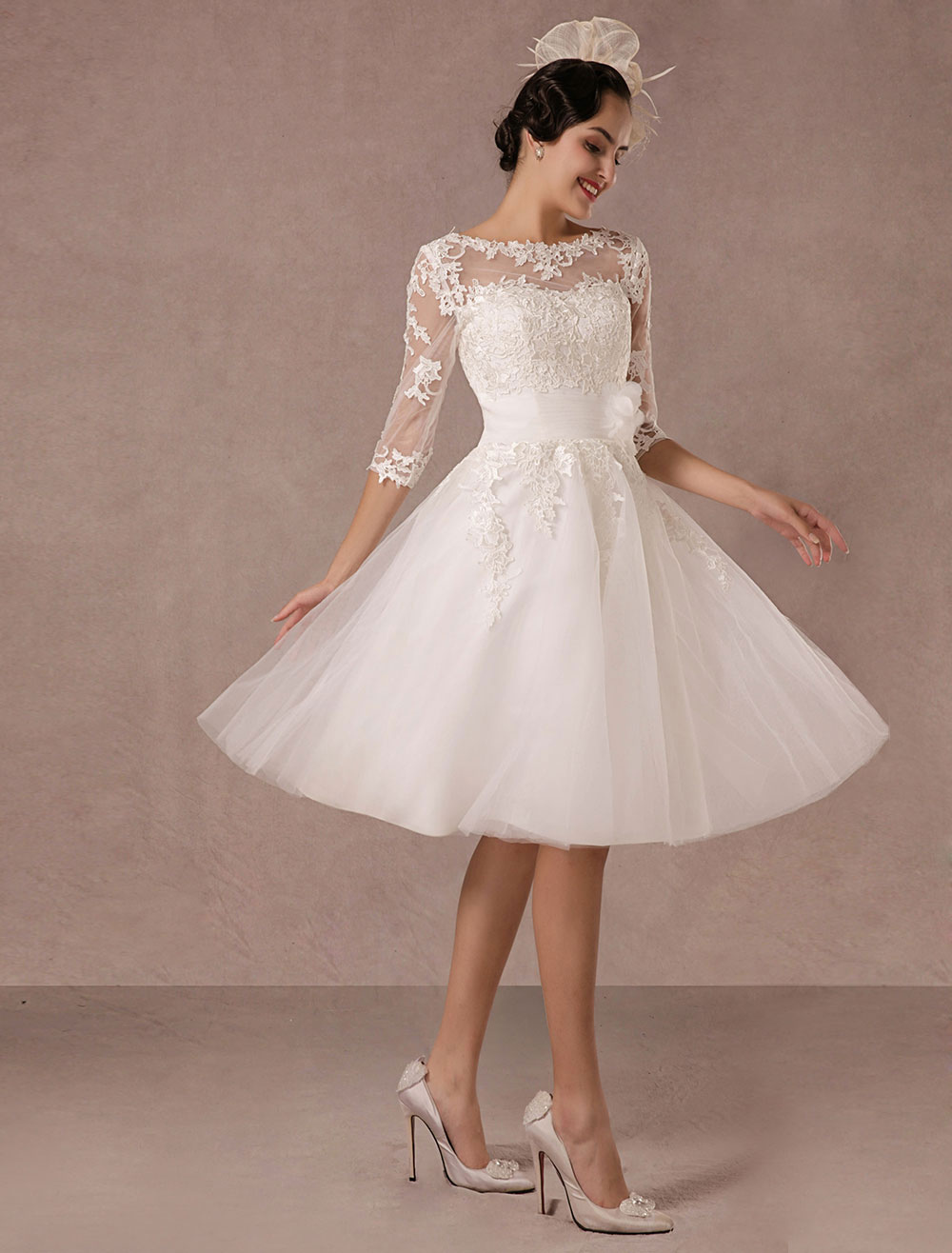 Short Wedding Dress Vintage Lace Applique Long Sleeves Tea Length A ...