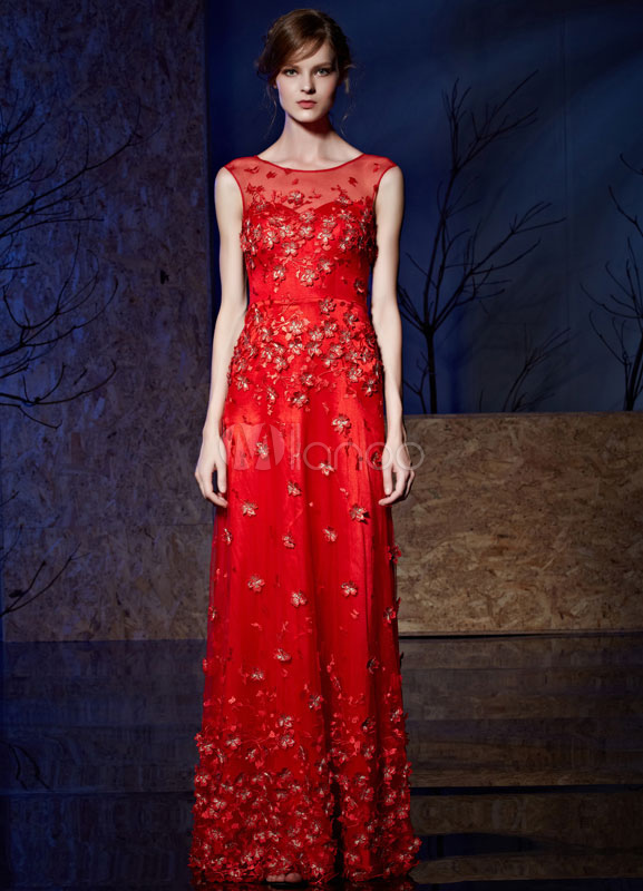Beading Evening Dress Red Luxary Floor-length A-line Embroideries 3D ...
