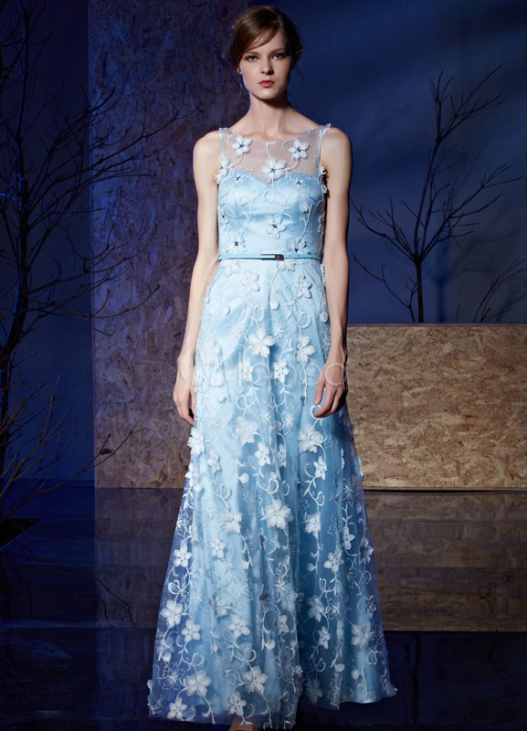 Blue Evening Dress Lace 3D Flower Applique Tulle Floor-length Party ...