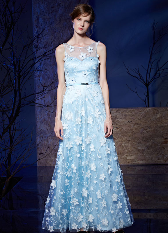 Blue Evening Dress Lace 3D Flower Applique Tulle Floor-length Party ...
