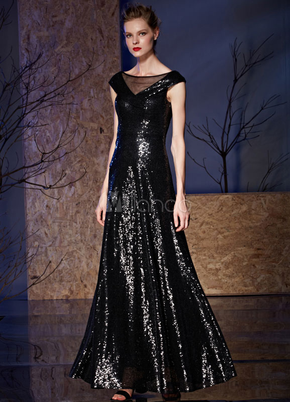 Sequin Evening Dress Cap Sleeves V-neck Floor-length A-line Party Dress ...