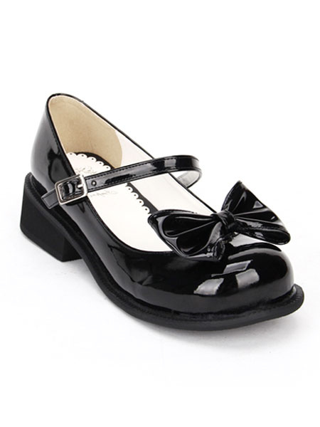 Sweet Lolita Shoes Black Bow Chunky Heel Round Toe Ankle Strap Mary ...