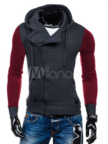 Men's Grey Hoodie Two Tone Zipper Long Sleeve Hooded Jacket - Milanoo.com