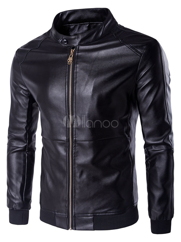Men's Black Jacket Leather Casual Fit Zip Up Jacket - Milanoo.com