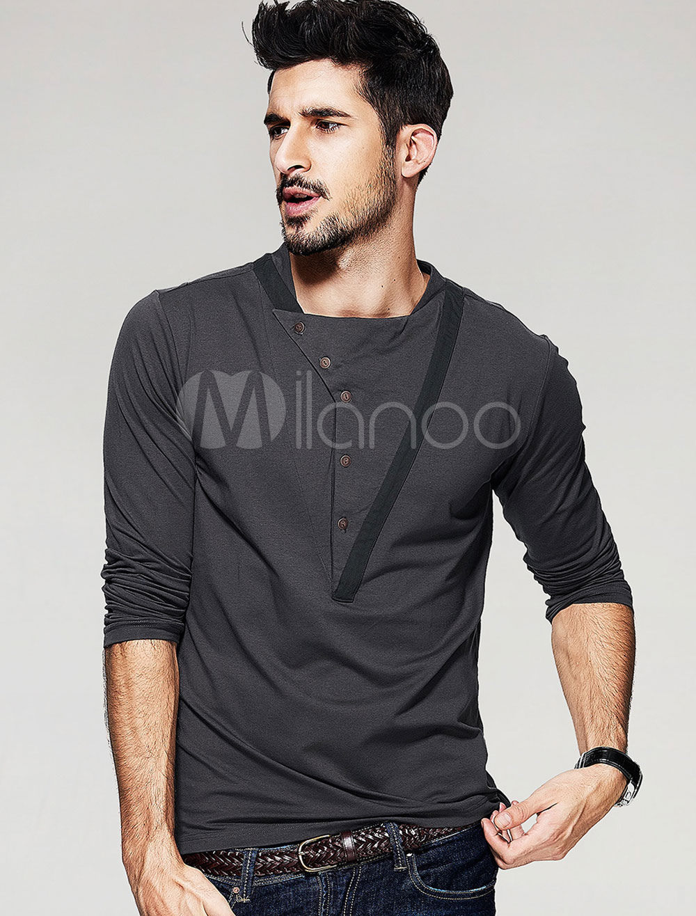 Gray T Shirt Long Sleeve Men's Button Cotton Top - Milanoo.com