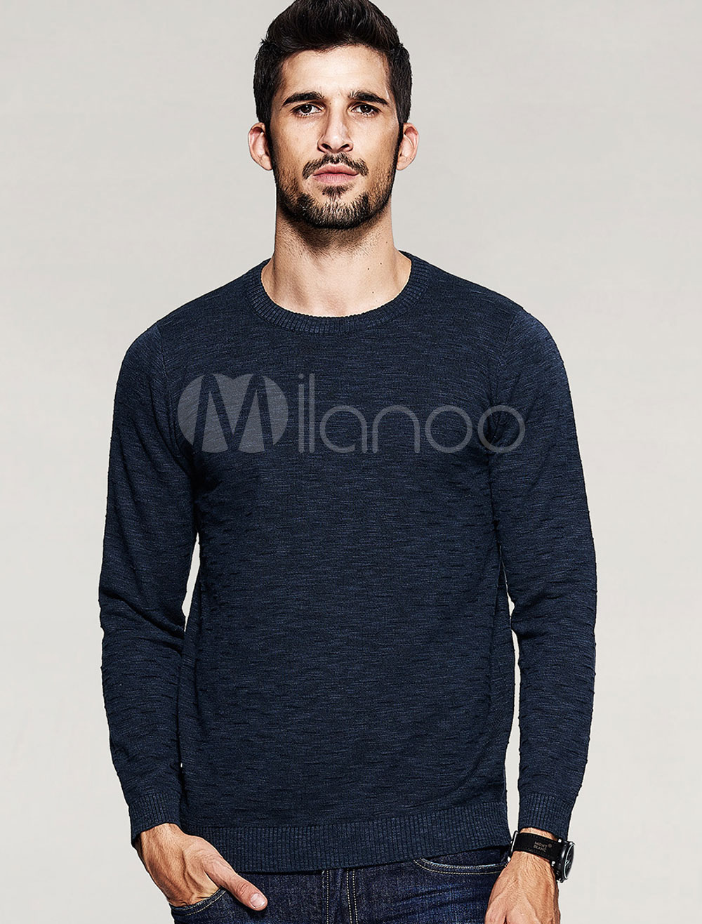 Men's Pullover Swerter Deep Blue Cotton Knitwear - Milanoo.com