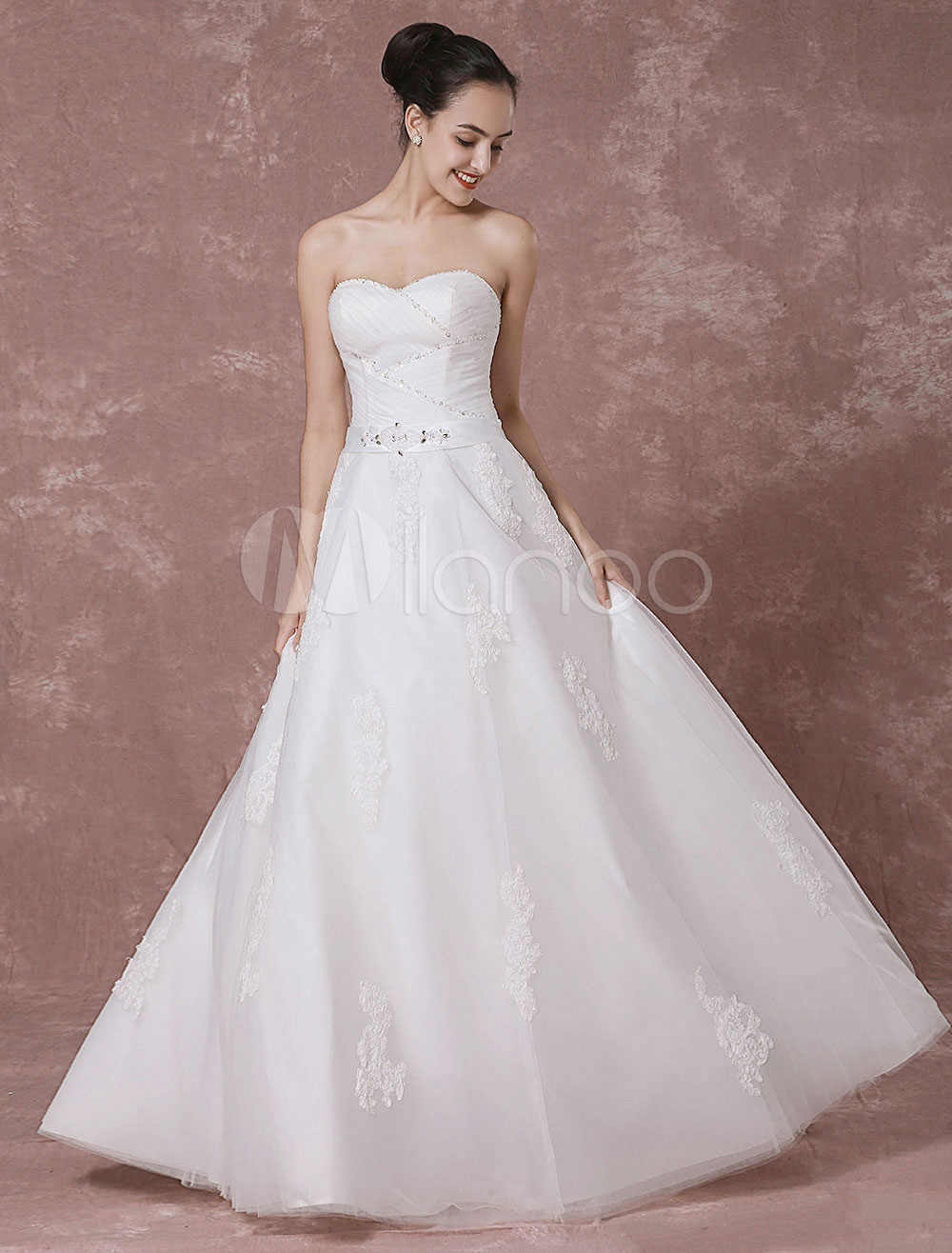 Beach Wedding Dress Strapless Backless Bridal Gown Beading A-line Floor ...