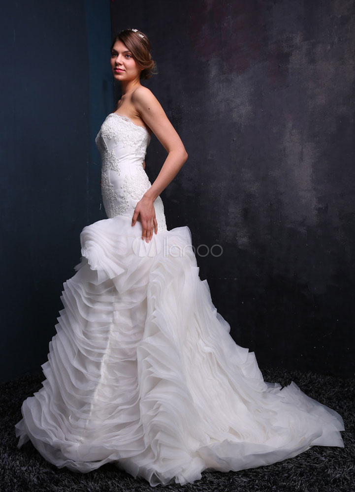 sirena novia vestido encaje vestido de novia volantes plisado blanco