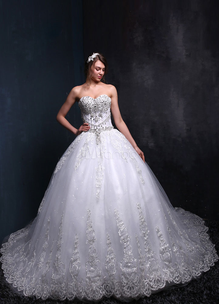 Lace Wedding Dress Ball Gown White Sweetheart Strapless Applique ...