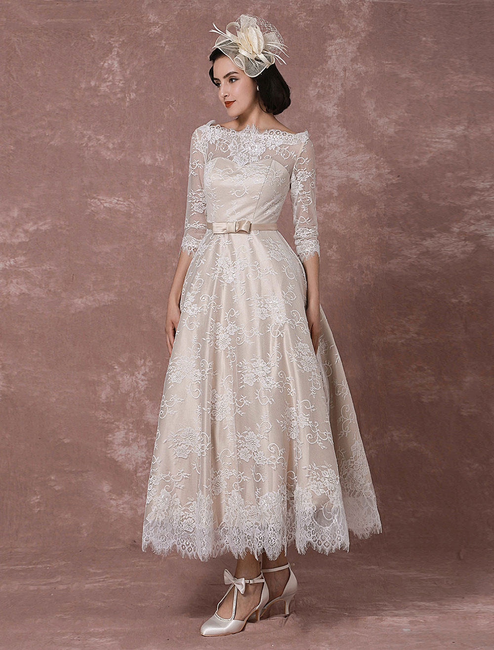 Lace Wedding Dress Vintage Bateau Champagne Half Sleeves Bridal Gown A 