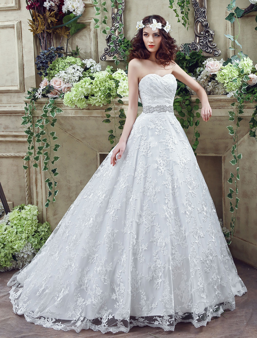 Sweetheart Wedding Dress Lace Tulle Bridal Gown A-line Backless Court ...