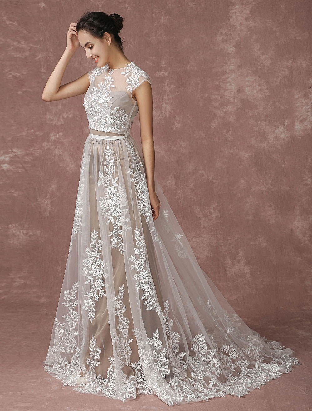 Lace Wedding Dress Beach 2 Pieces Bridal Gown Lace Shrug Illusion