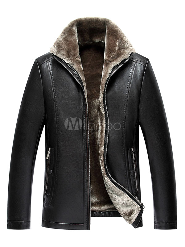 Men S Winter Jacket Black Pu Leather Biker With Faux Fur Men S Winter Jacket Black Pu Leather