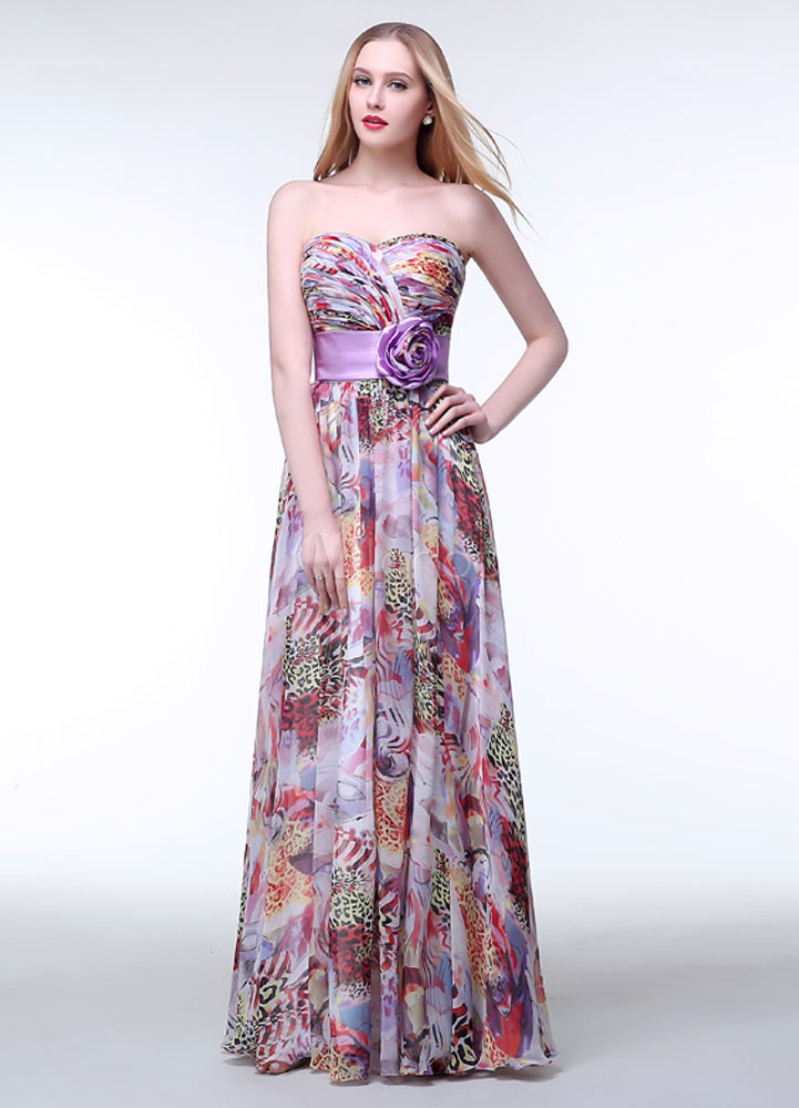 Lilac Prom Dress Floral Sweetheart Chiffon Party Dress Maxi Strapless A ...