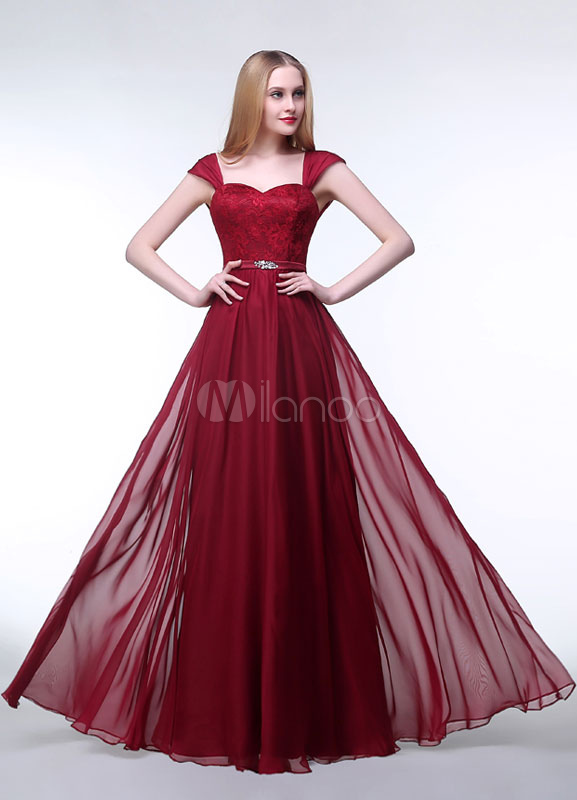 Lace Evening Dress Burgundy Sweetheart Chiffon Prom Dress Sleeveless ...