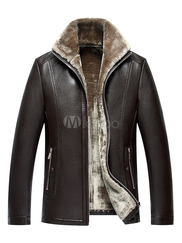 Men's Winter Jacket Black Leather Biker Jacket With Faux Fur Lining ...