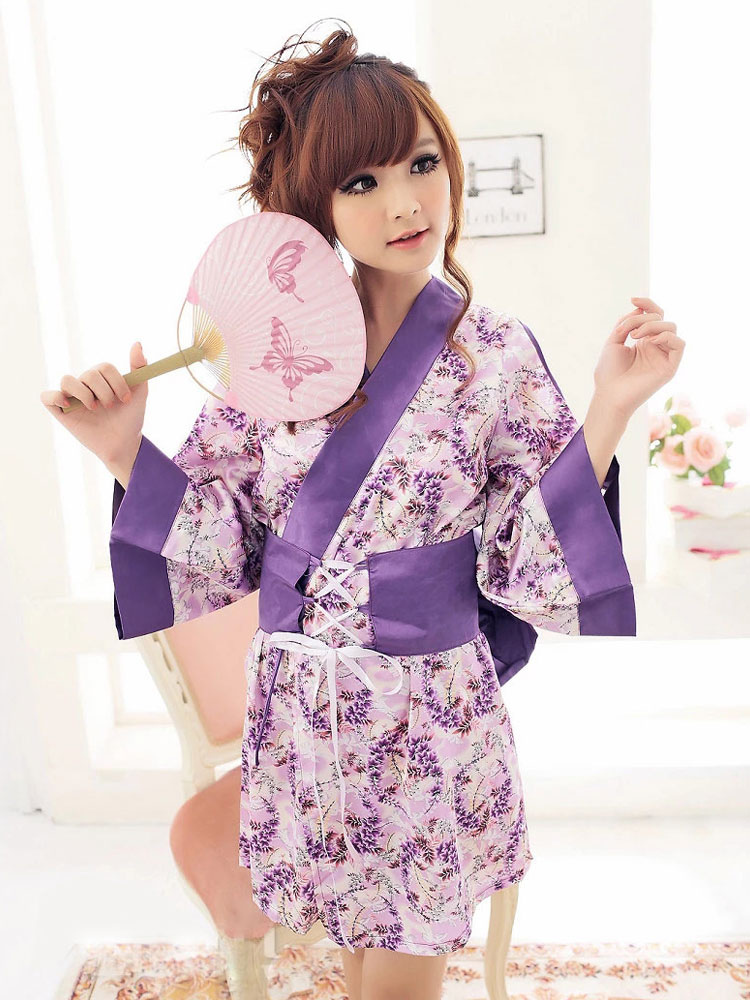 Sexy Geisha Costume Purple Floral Print Kimono Costume With T Back For Women Halloween