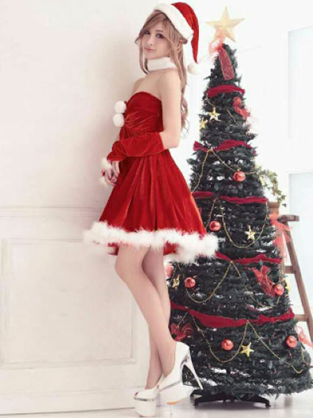Lingerie Sexy  Costumes | Sexy Christmas Costume Red Women Strapless Short Dress Costume Outfit In 4 Pieces Halloween - GT72303