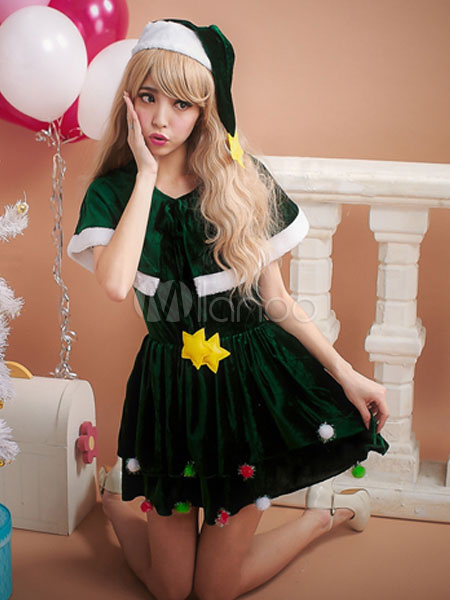 Christmas Sexy Costume Green Women's Cape Short Dress Costume Outfit ...