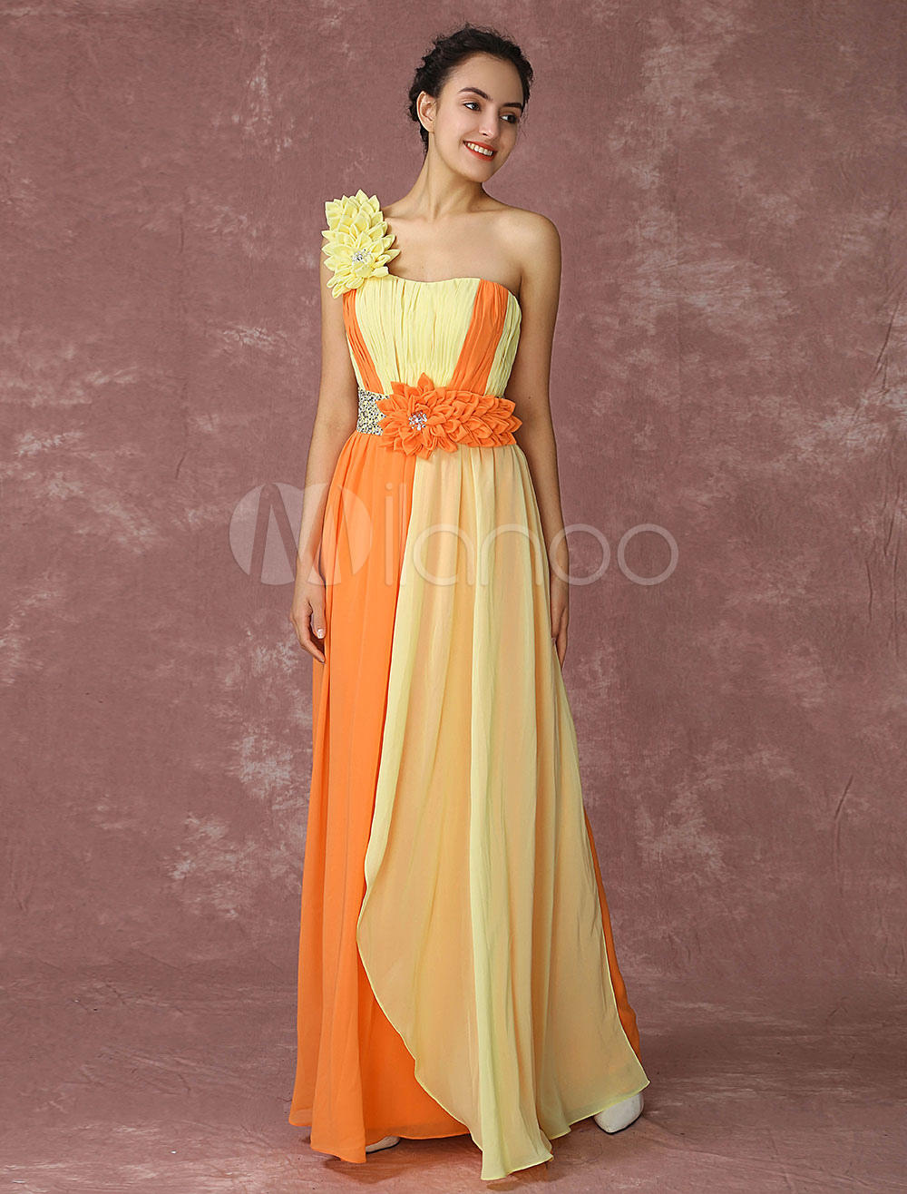 Chiffon Pageant Dress Orange Evening Dress One Shoulder A Line Maxi