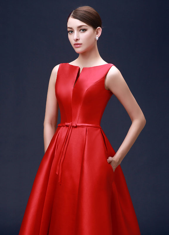 Red Evening Dresses Satin A Line Party Dresses Ankle Length Backless ...