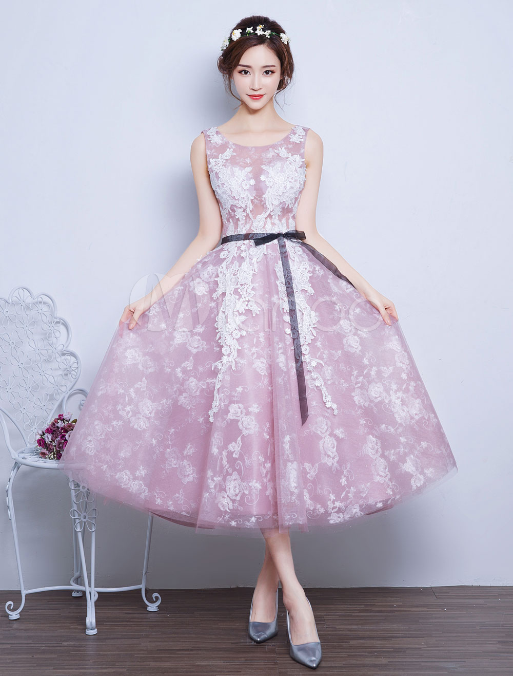 Pink Prom Dresses 2021 Short Illusion Lace Applique Party Dress Scoop ...
