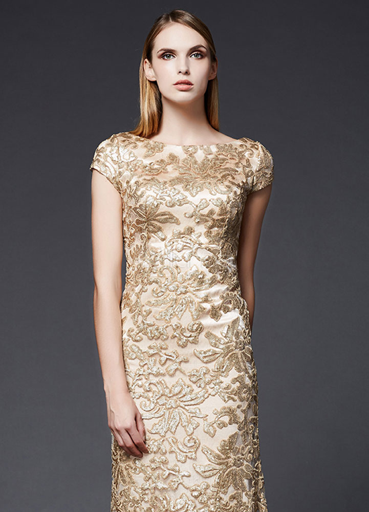 Sequin Evening Dress Gold Mermaid Formal Dress Embroidered Short Sleeve ...