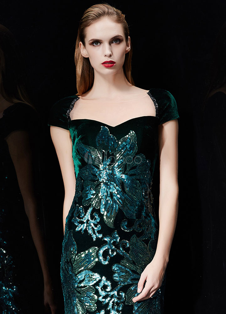 Sequin Evening Dress Velvet Mermaid Backless Formal Dress Hunter Green ...