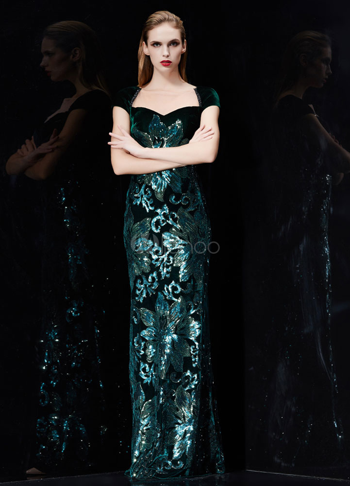 Sequin Evening Dress Velvet Mermaid Backless Formal Dress Hunter Green