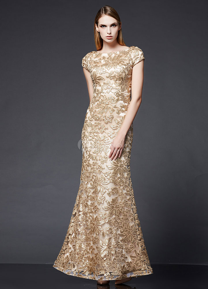 Sequin Evening Dress Gold Mermaid Formal Dress Embroidered Short Sleeve ...