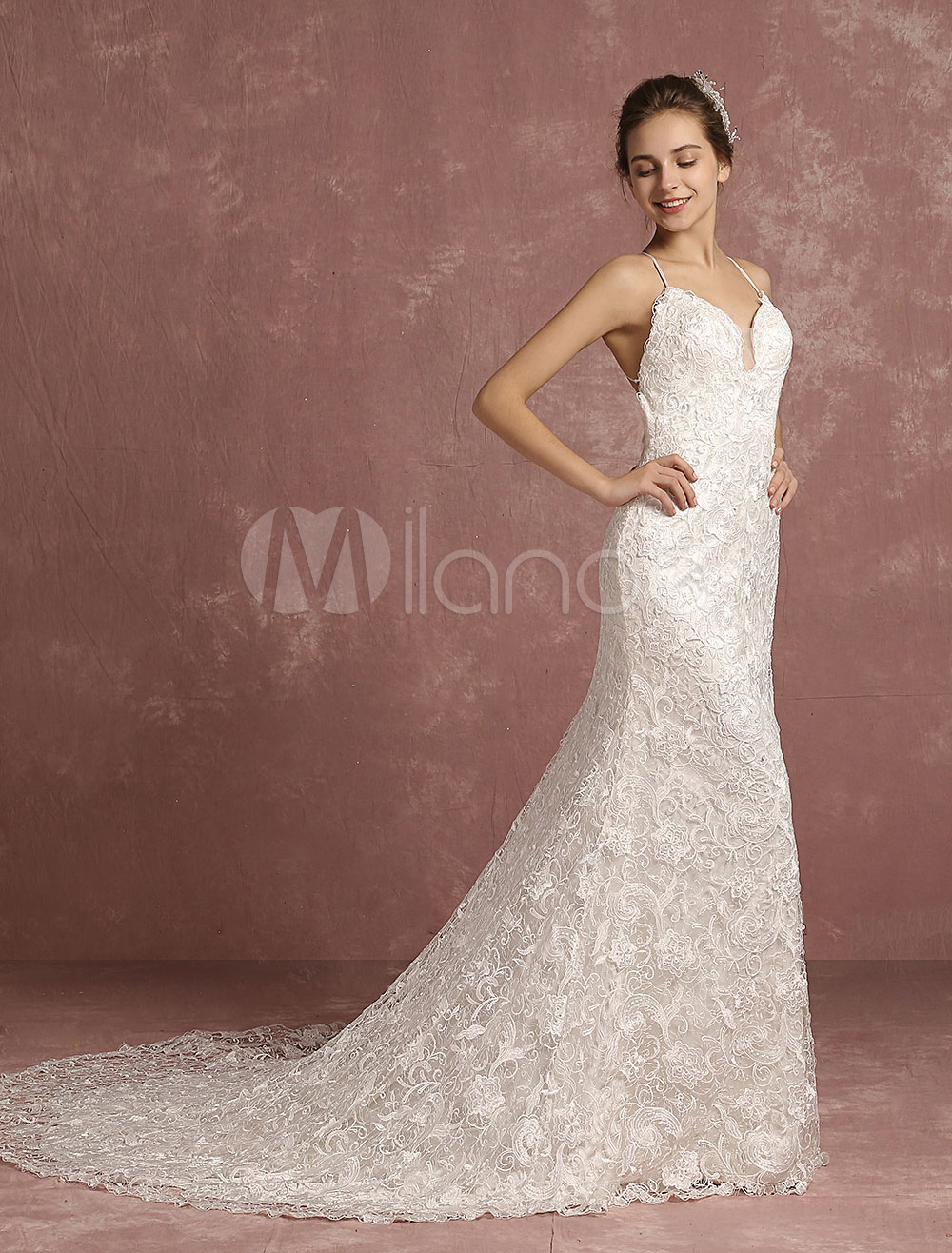 Red Backless V-Neck Mermaid Wedding Dress
