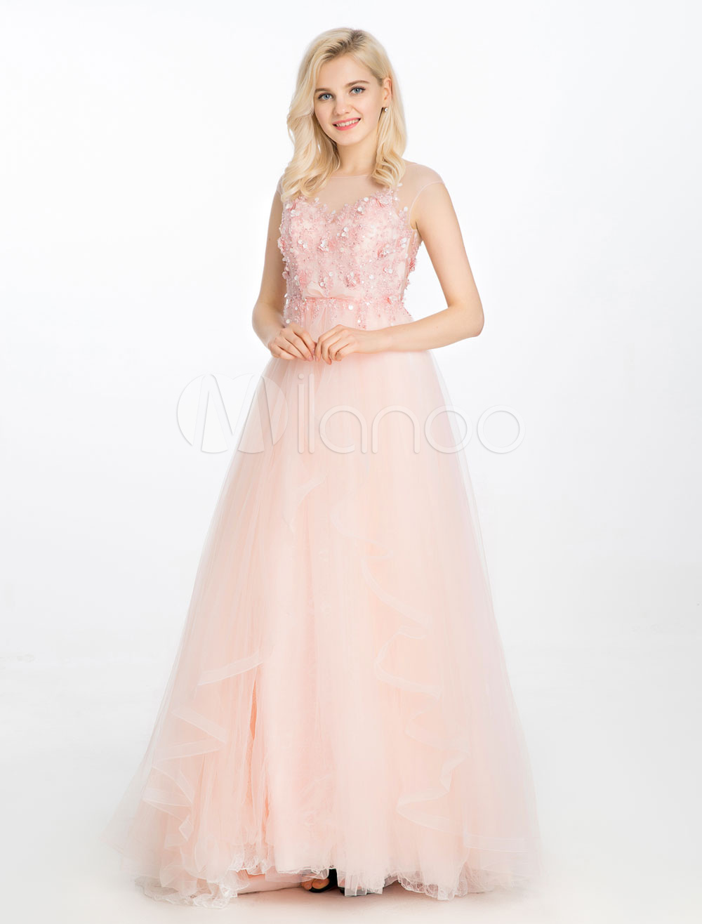 Peach Prom Dress Lace 3D Fowers Beading Party Dress Sweetheart Illusion
