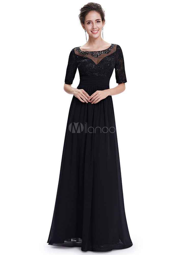 Black Evening Dress Lace Beading Illusion Mother's Dress Sequins Half ...