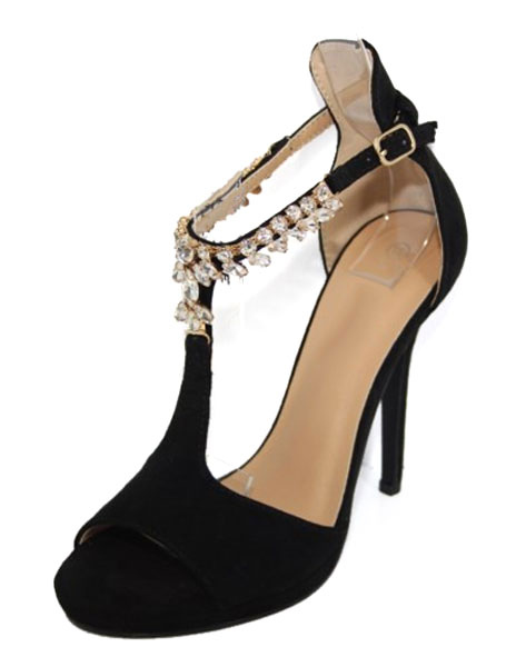 High Heel Black Sandals Vintage T-string Rhinestone Party Shoes ...