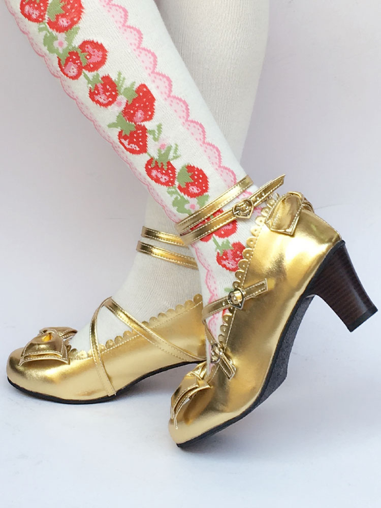 Costumes Lolita | Gold Lolita Shoes Chunky Heel Ankle Strap Sweet Lolita Pumps Shoes - IQ31615