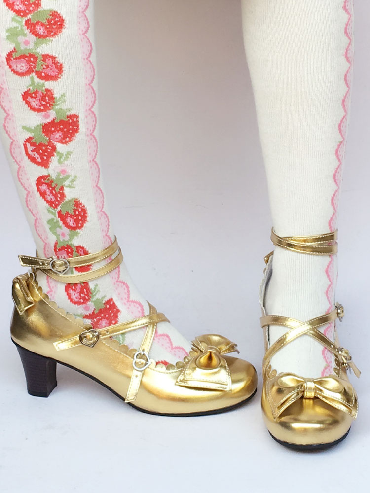 Costumes Lolita | Gold Lolita Shoes Chunky Heel Ankle Strap Sweet Lolita Pumps Shoes - IQ31615