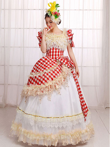 Costumes Costumes | Women's Vintage Costume Halloween Ball Gown Red Check Pageant Dress Halloween - ZU75800