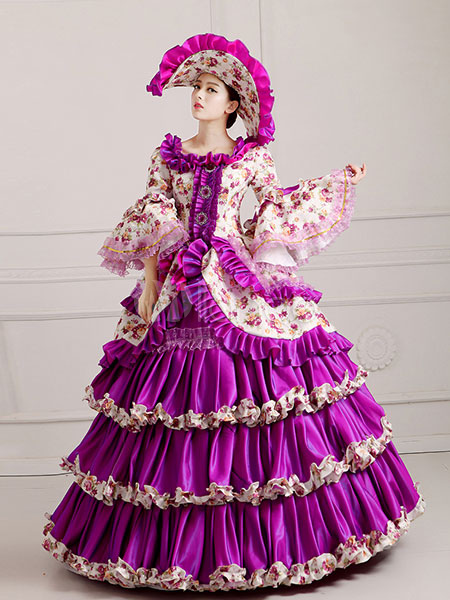 Costumes Costumes | Women's Vintage Costume Victorian Royal Ball Gown Fuchsia Ruffled Pageant Dress Halloween - SL31471