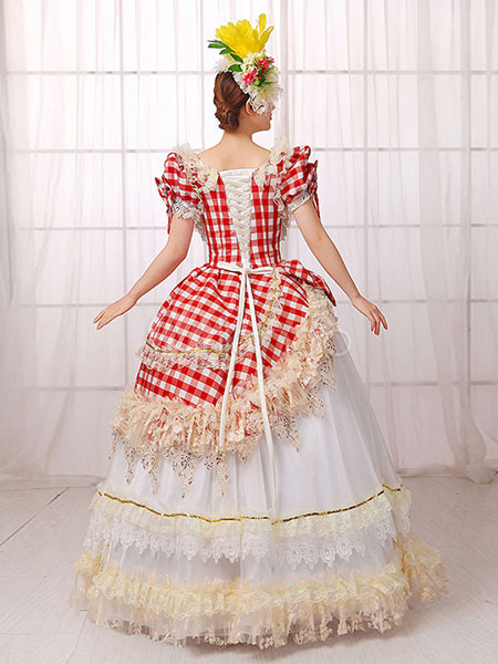 Costumes Costumes | Women's Vintage Costume Halloween Ball Gown Red Check Pageant Dress Halloween - ZU75800