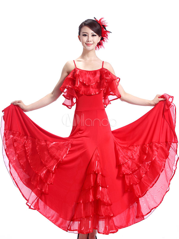Fuchsia Ballroom Dance Dress Ruffle Tiered Off The Shoulder Short Sleeve Ballroom Dancing Costume