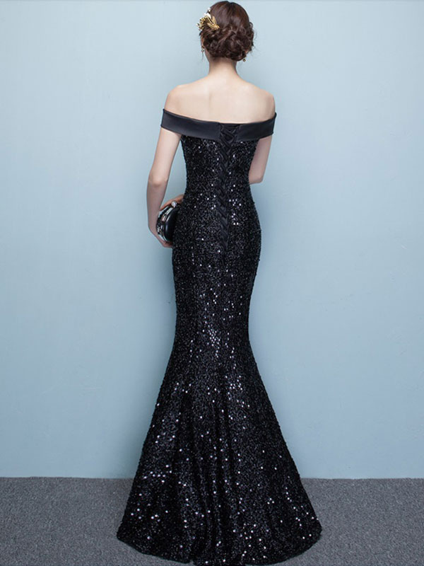 Black Evening Dress Lace Sequin Bateau Mermaid Formal Dress Off The ...