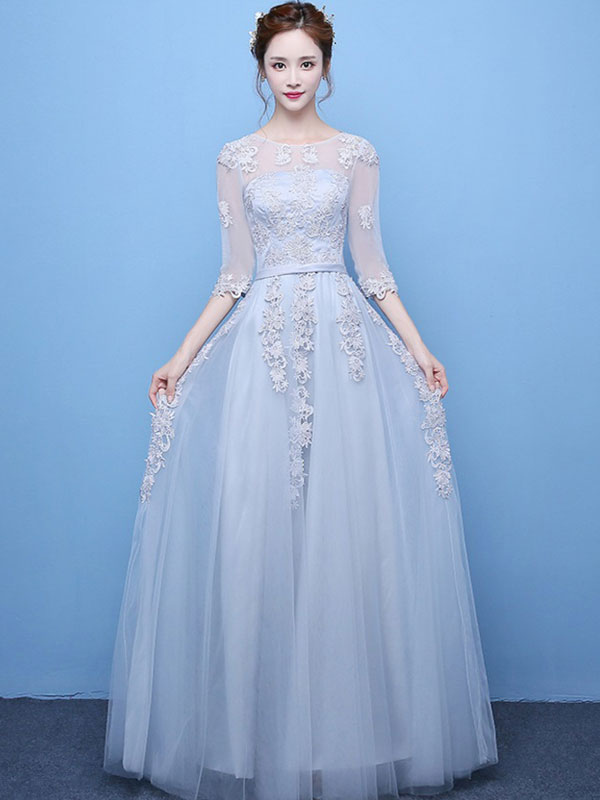 Light Grey Prom Dress Lace Applique Tulle Illusion Half Sleeve Floor ...