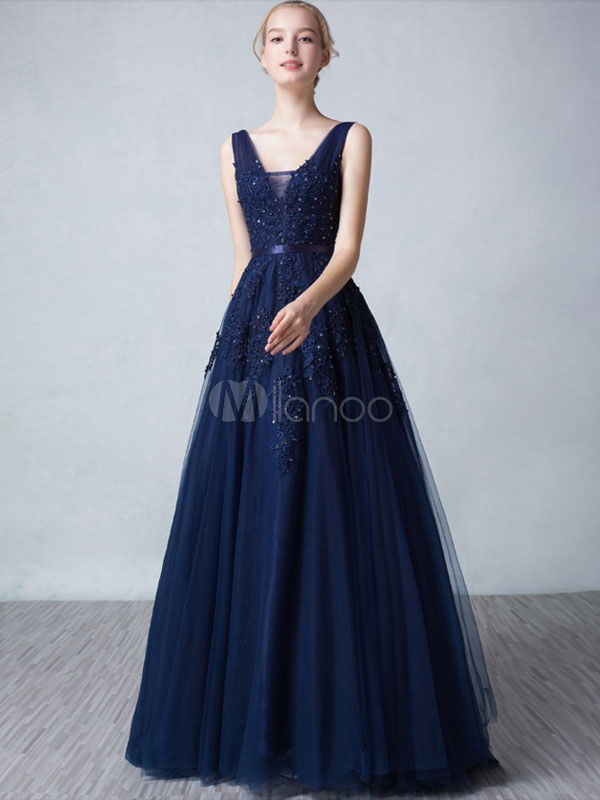Tulle Prom Dress Lace Beading Backless Evening Dress V Neck A Line ...