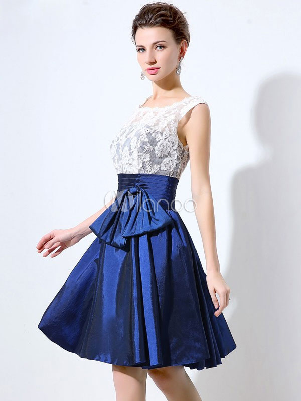 Short Prom Dress Lace Homecoming Dress Royal Blue Bow Ruched A Line ...