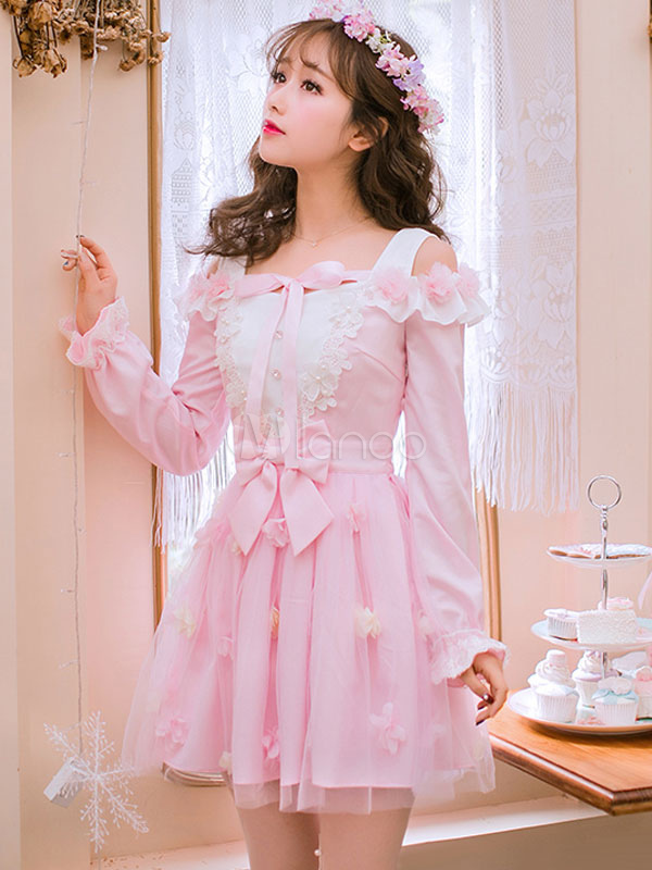 Pink Lolita Dress OP Sweet Long Sleeve Cold Shoulder Lolita One Piece ...