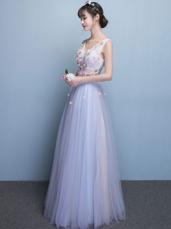 Tulle Prom Dress Baby Blue 3D Flower Occasion Dress V Neck Sleeveless ...