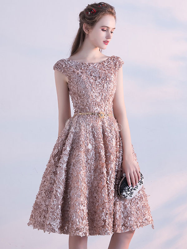 Lace Homecoming Dress Taupe 3D Flowers Cocktail Dress Jewel Sleeveless ...