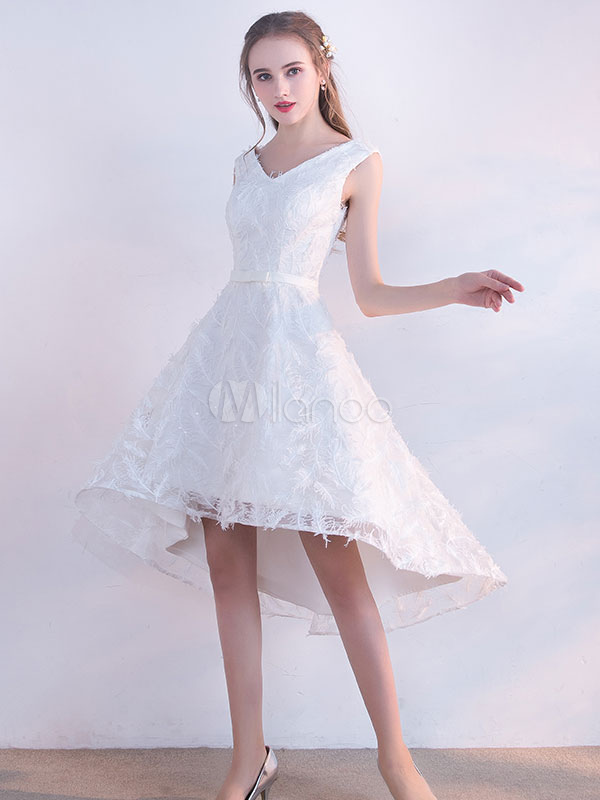 White Prom Dresses 2018 Short Lace Homecoming Dress V Neck High Low ...