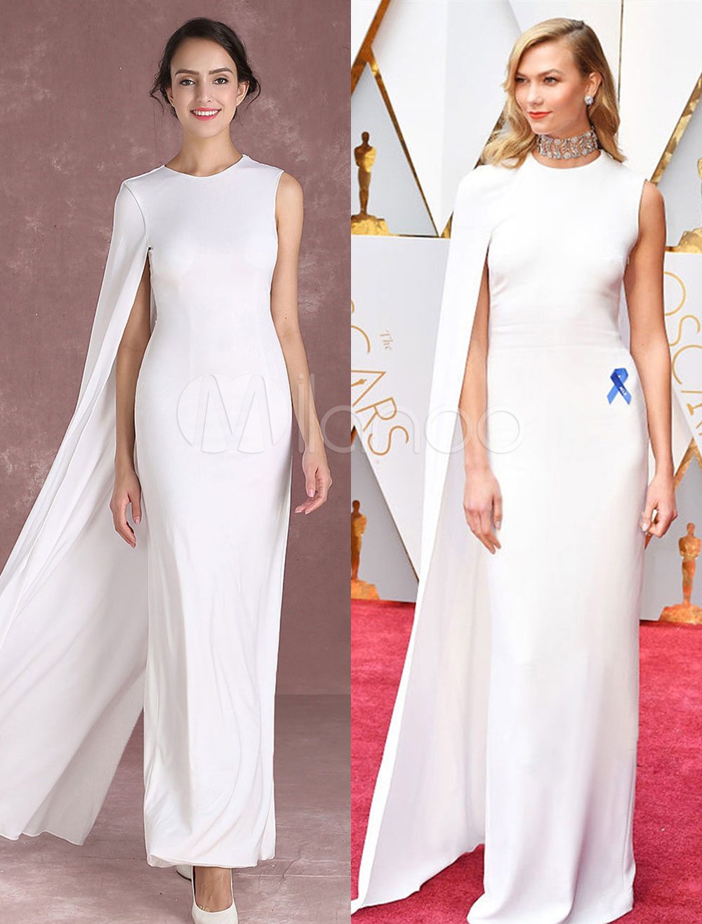 White Celebrity Dresses Chiffon Designed Cape Sleeve Evening Dresses ...