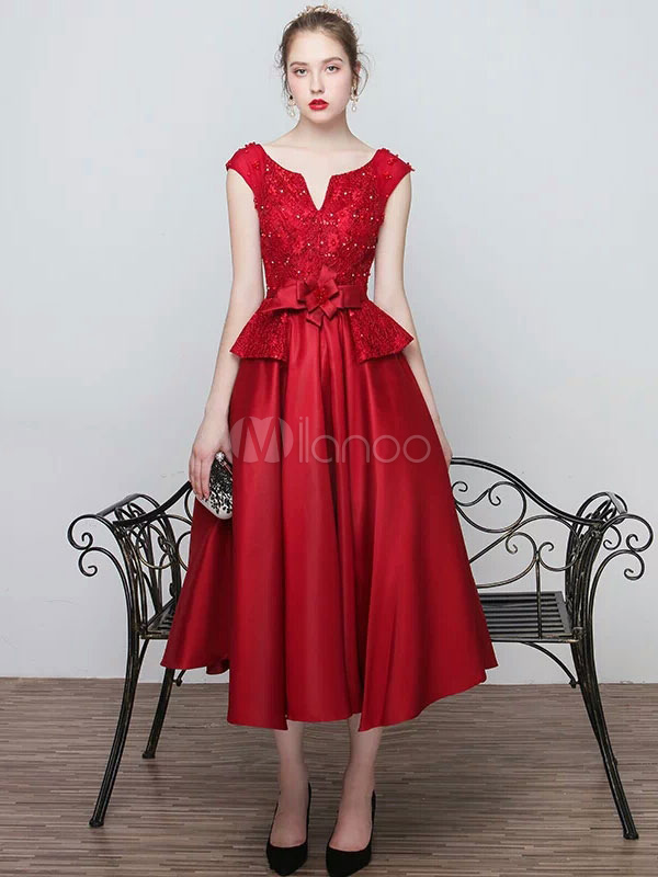 Burgundy Mother Dress Satin Peplum Cocktail Dress Notched Neckline Beading Flower A Line Tea